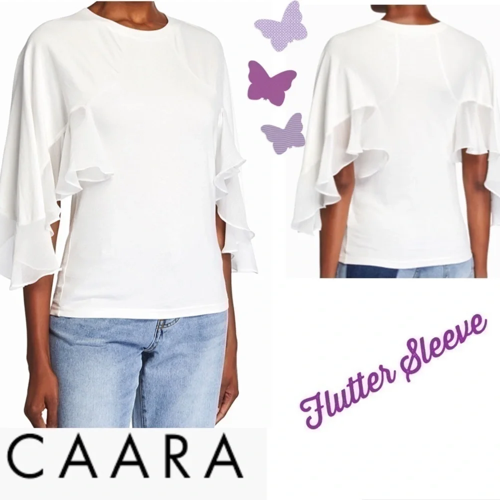 caara White Top Angel Flutter Sleeve Top Blouse 100% Cotton - Picture 9 of 13
